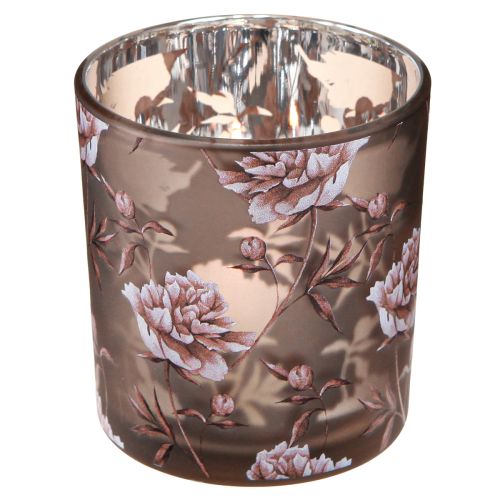 Tealight Glass Table Decoration Carnations Brown Silver H8cm 4 Pcs