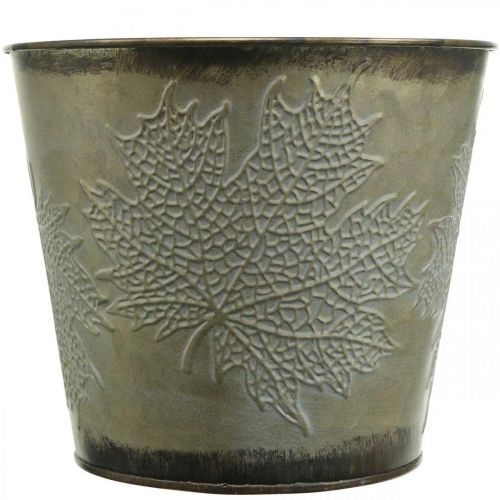 Product Plant bucket with leaf decoration, metal vessel, autumn golden Ø18cm H17cm