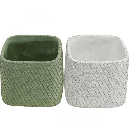 Product Planter ceramic white green relief mesh 17x17cm H15cm 2pcs