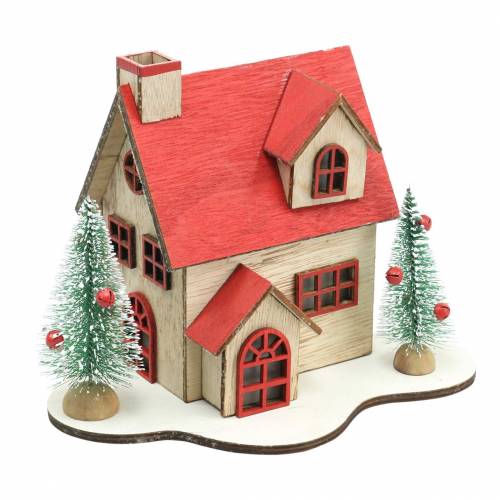 Christmas house with LED lighting natural, red wood 20 × 15 × 15cm