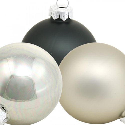 Product Christmas ball, Christmas tree pendant, tree decoration black/silver/mother of pearl H6.5cm Ø6cm real glass 24 pcs