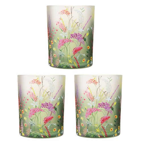 Product Lantern glass with colorful flowers summer H12.5cm 3 pcs