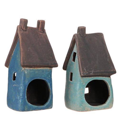 Product Lantern House Ceramic House Blue Brown H15.5/17.5cm 2 pcs