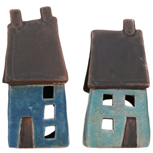 Product Lantern House Ceramic House Blue Brown H15.5/17.5cm 2 pcs