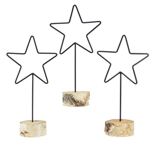 Decorative star candle holders on wooden base – set of 3 – black &amp; natural, 40 cm – stylish table decoration
