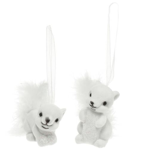 White squirrel 6 cm pendant with glitter and feather detail – perfect for festive Christmas tree decoration – 2pcs