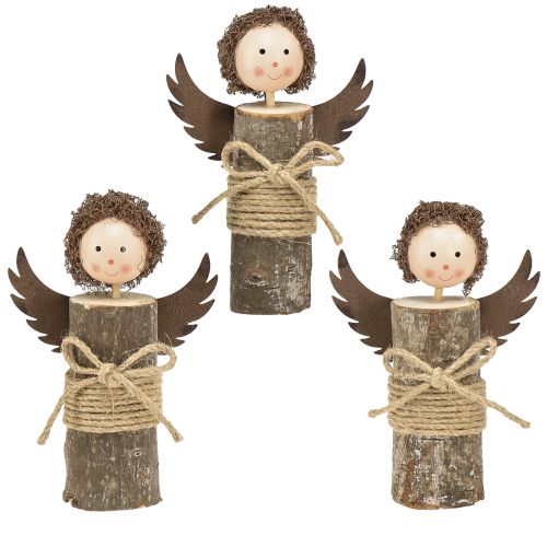 Angel with curls wooden decoration Christmas natural H15cm 3pcs