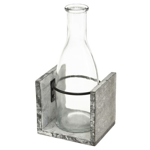 Glass vase in grey wooden stand, 9.5x8x20cm - Rustic decoration in 4 pieces