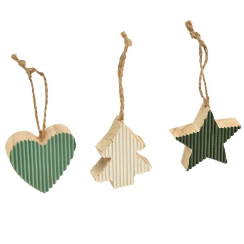 Product Christmas tree wooden pendant set, heart-tree-star, mint-green-white, 4.5 cm, 9 pieces - Christmas decoration