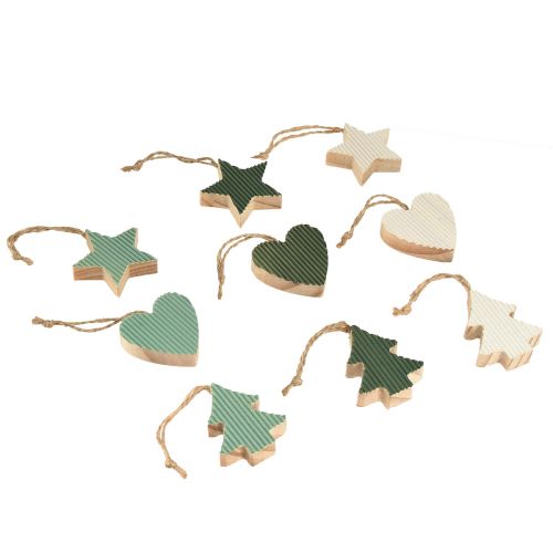 Product Christmas tree wooden pendant set, heart-tree-star, mint-green-white, 4.5 cm, 9 pieces - Christmas decoration