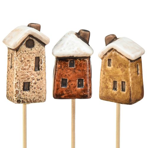 Product Charming ceramic house decoration on sticks 6 pieces – various shades of brown, 6 cm – idyllic garden stakes