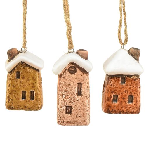 Set of 6 ceramic hanging houses – Various shades of brown, snow-coated roofs – Charming Christmas decoration