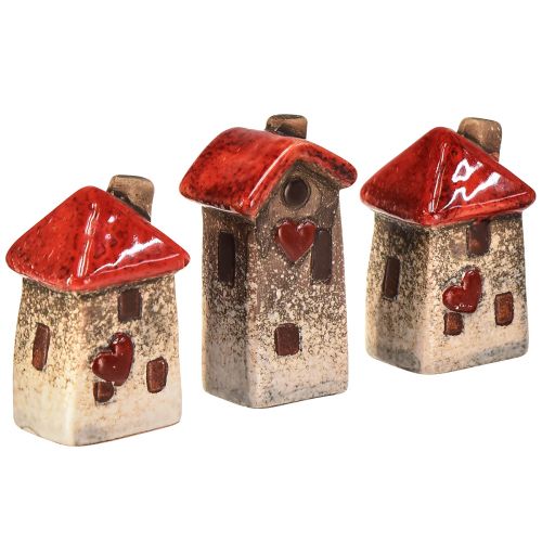 Ceramic houses 6 pieces with red roof window and heart – 6 cm – idyllic decoration for home and garden
