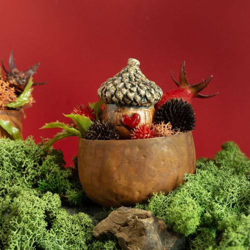 Ceramic acorn house decorative acorns with heart motif brown 6cm - autumn table decoration - 6pcs