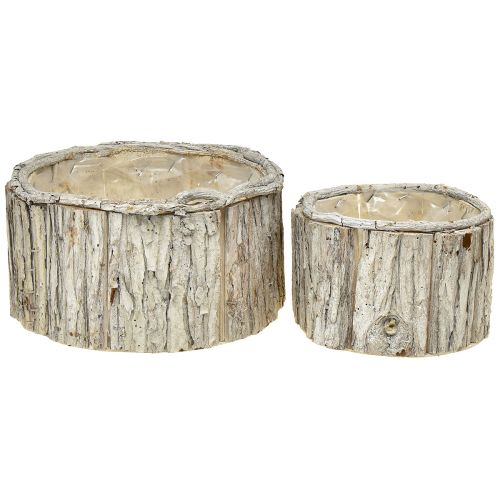 Planter Wooden Round Bark Natural White 26/18cm Set of 2