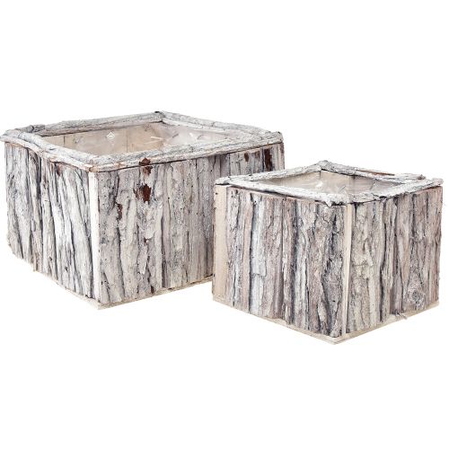 Planter wooden with bark natural white 17/24cm set of 2