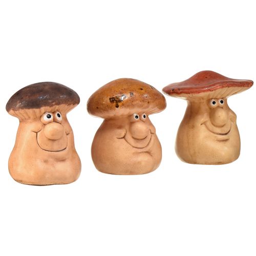 Happy mushroom figures with faces in a set of 3 – Various shades of brown, 6.6 cm – Funny decoration for the garden and home