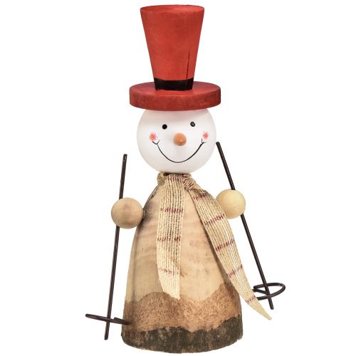 Snowman made of wood decorative figure with hat red natural H20.5cm