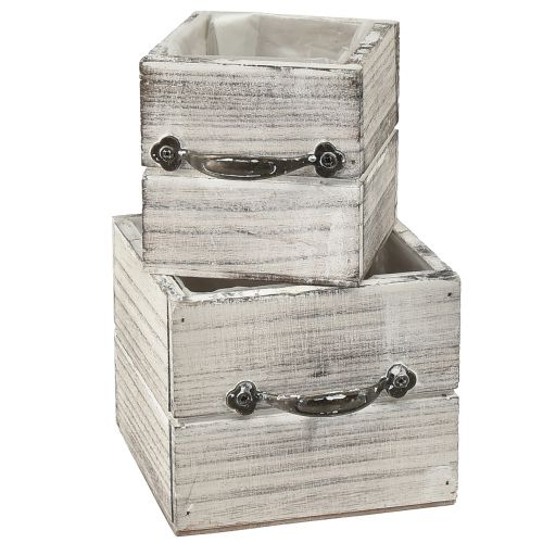 Wooden drawer set with handle, white wiped, 12x12cm &amp; 9x9cm - Rustic storage