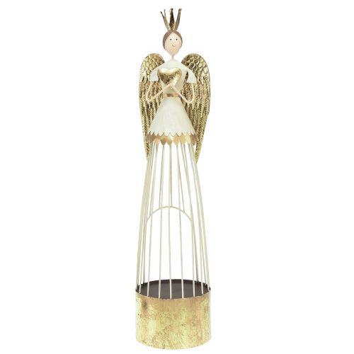 Product Table decoration metal angel figure with heart white gold H54cm