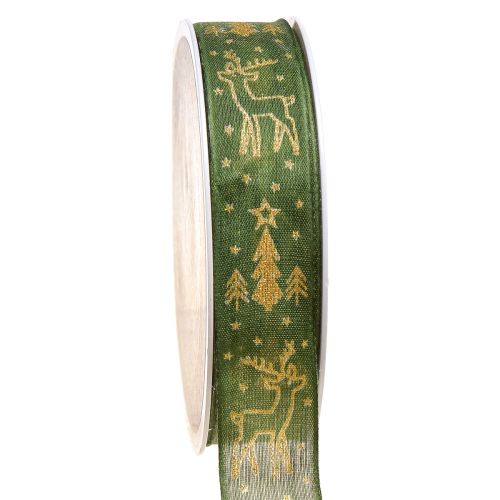 Christmas ribbon wire edge reindeer green gold W25mm L18m