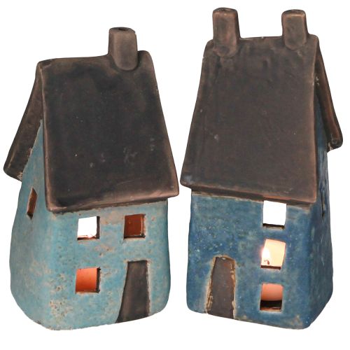 Floristik24 Lantern House Ceramic House Blue Brown H15.5/17.5cm 2 pcs